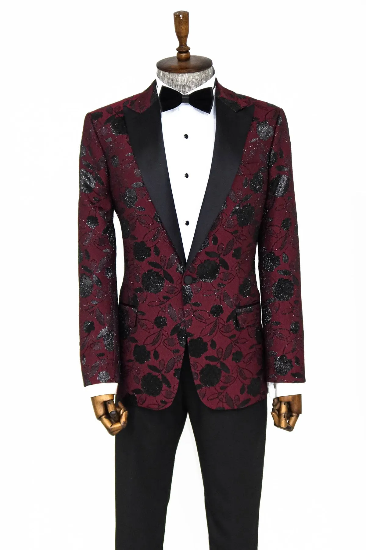 Floral Patterned Burgundy Men Dinner Jacket - Wessi