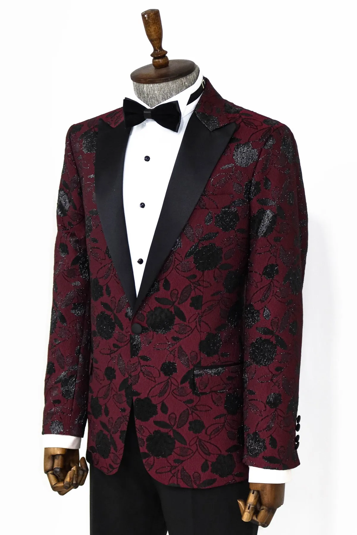 Floral Patterned Burgundy Men Dinner Jacket - Wessi