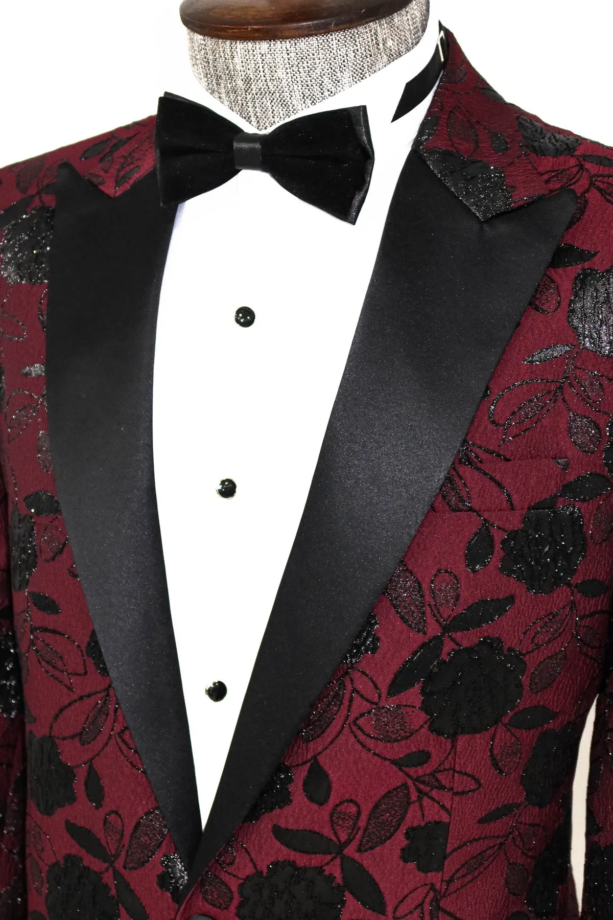 Floral Patterned Burgundy Men Dinner Jacket - Wessi