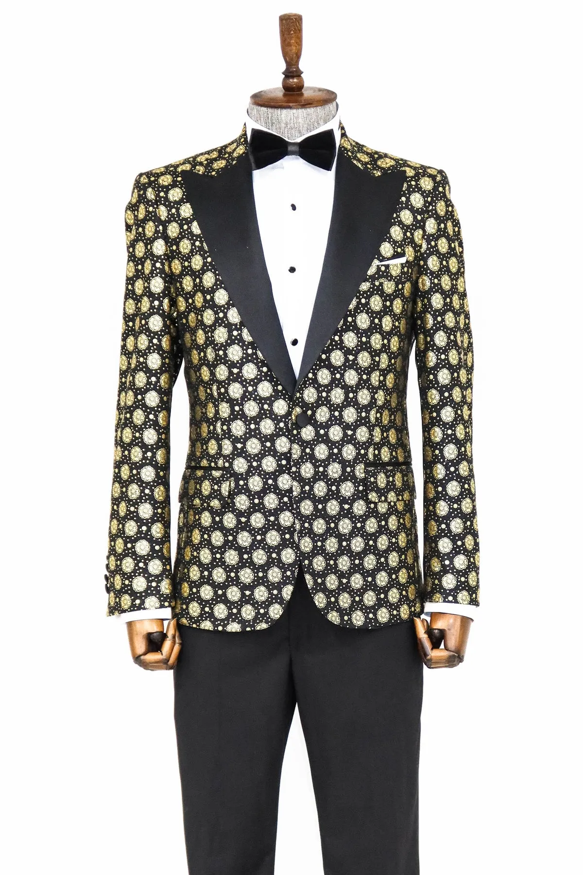 Floral Patterned Peak Lapel  Black with Gold Embellished Dinner Jacket - Wessi