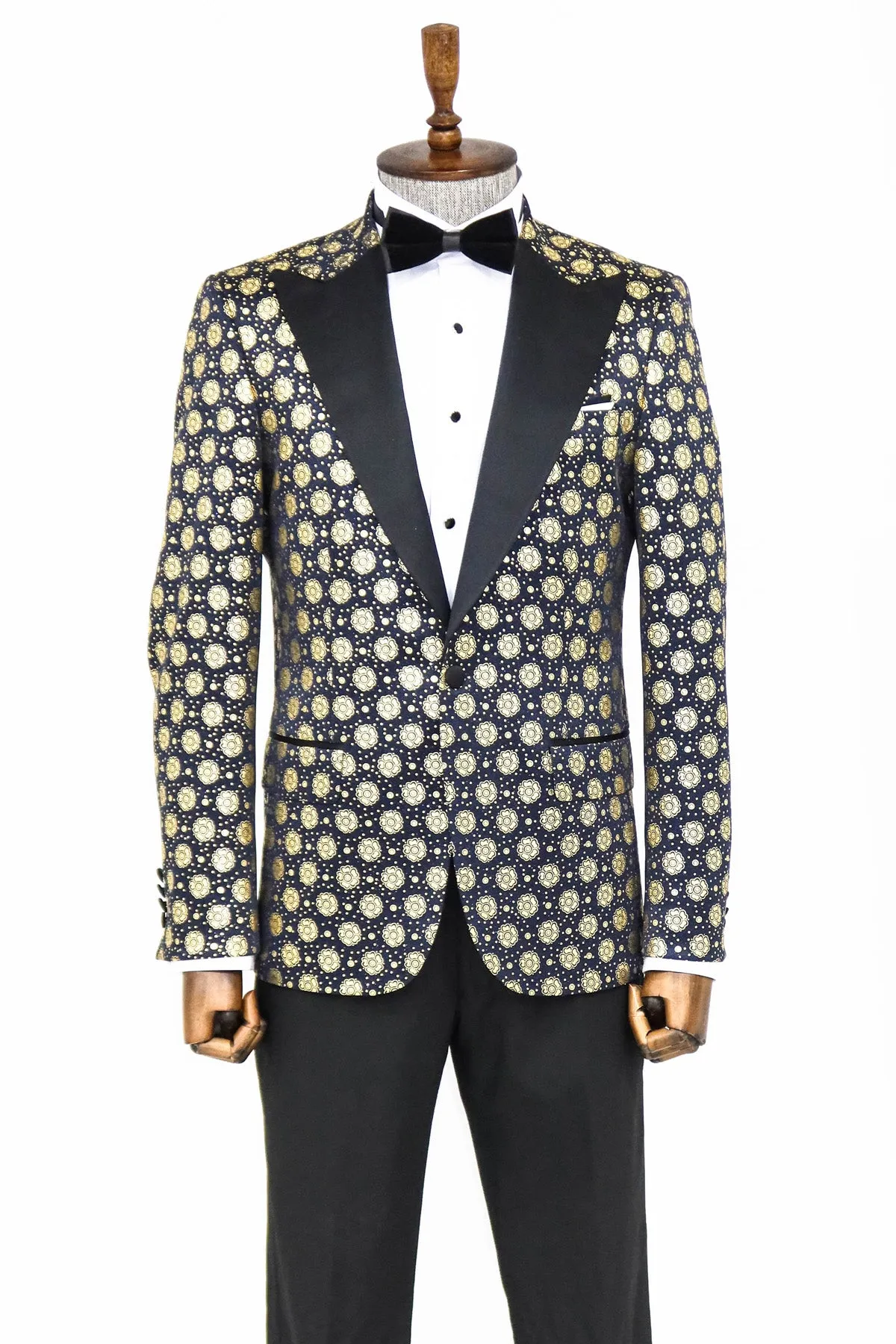 Floral Patterned Peak Lapel  Navy Blue with Gold Embellished Dinner Jacket - Wessi