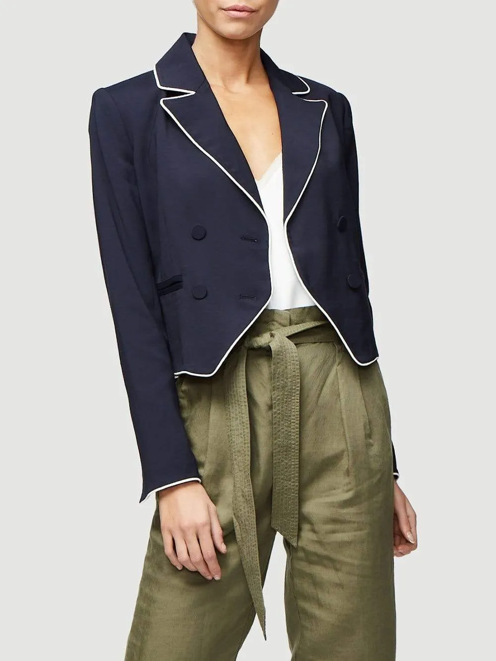 Frame - Piped Cropped Blazer in Navy