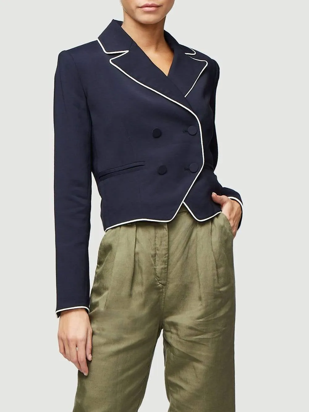 Frame - Piped Cropped Blazer in Navy