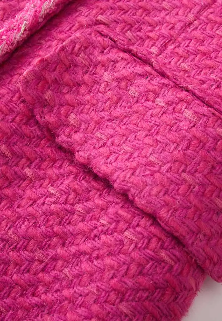 Fuchsia Double-Breasted Lapel Tweed Coat