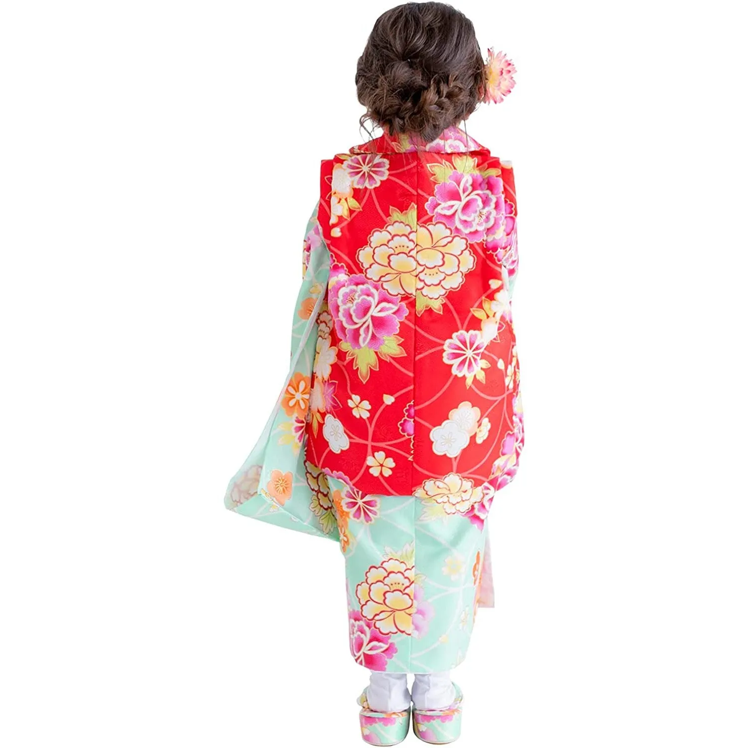 Full Kimono Set for 3 Years Old Mint Green & Red Shichigosan/New Years Ceremony