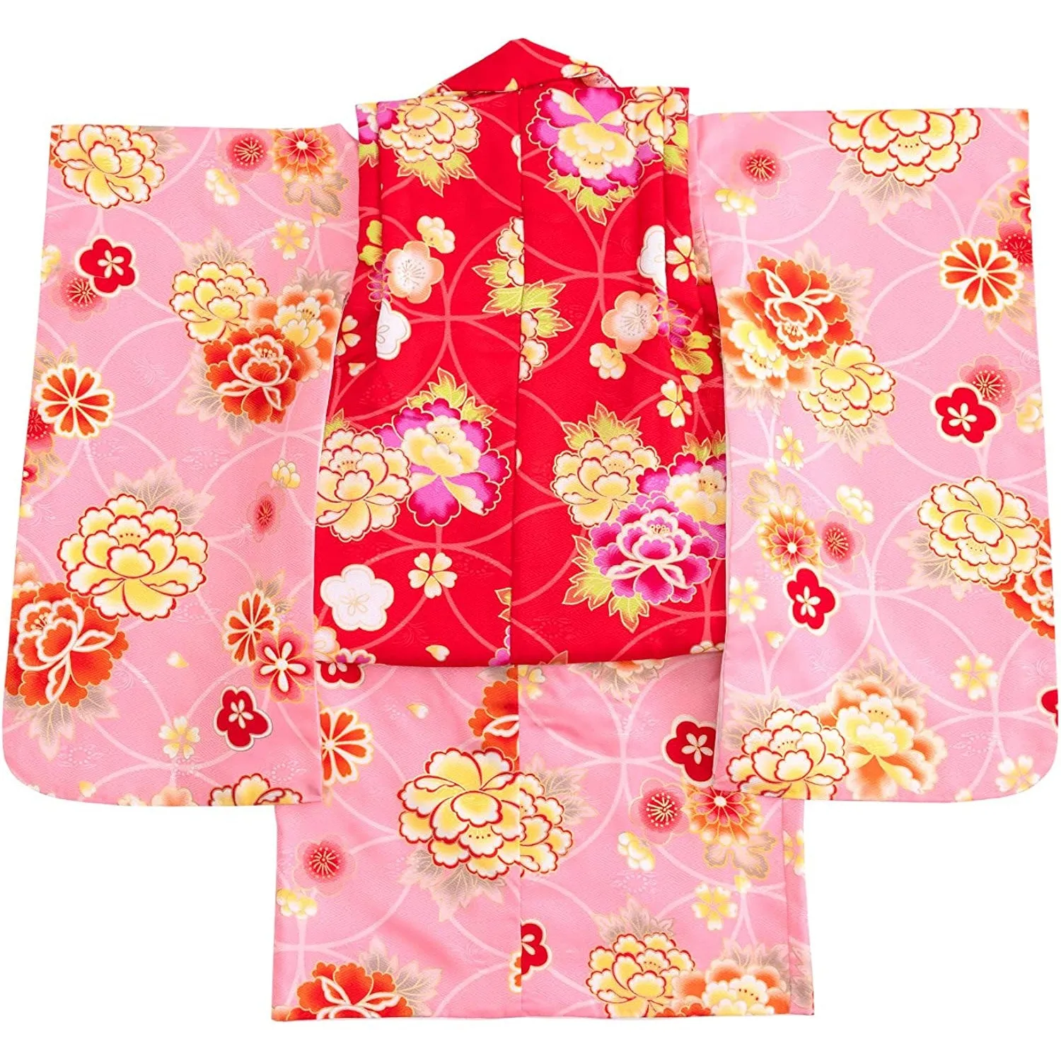 Full Kimono Set for 3 Years Old Pink & Red Shichigosan/New Years Ceremony