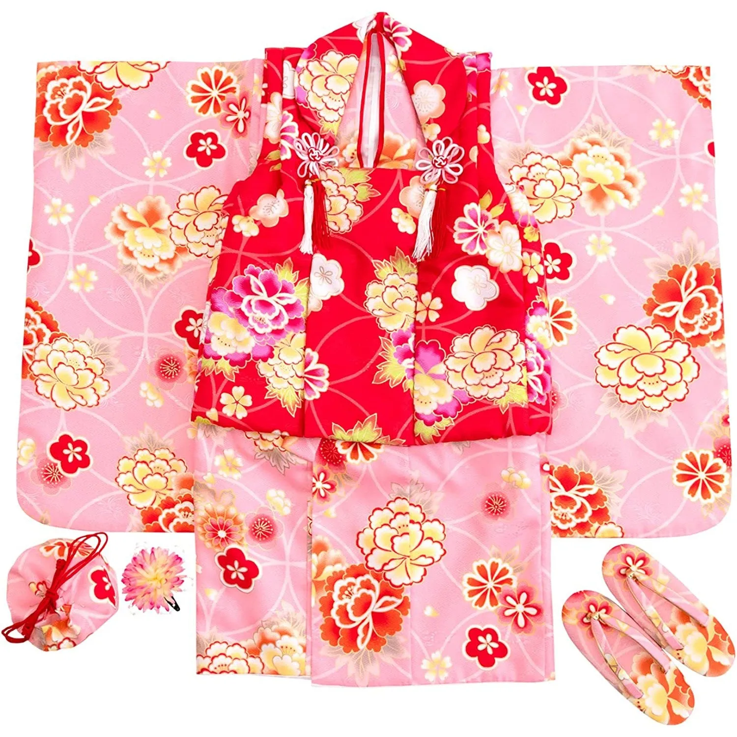 Full Kimono Set for 3 Years Old Pink & Red Shichigosan/New Years Ceremony