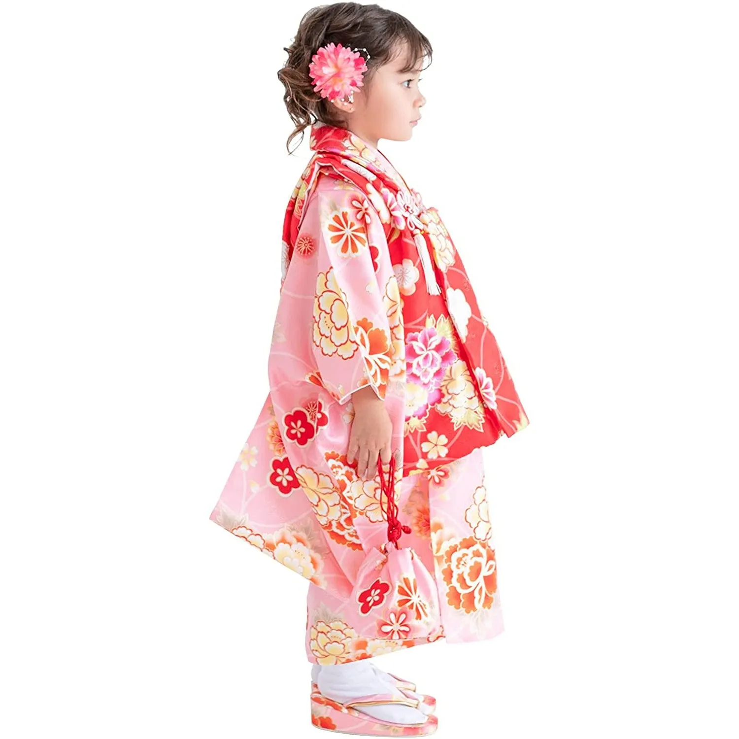 Full Kimono Set for 3 Years Old Pink & Red Shichigosan/New Years Ceremony