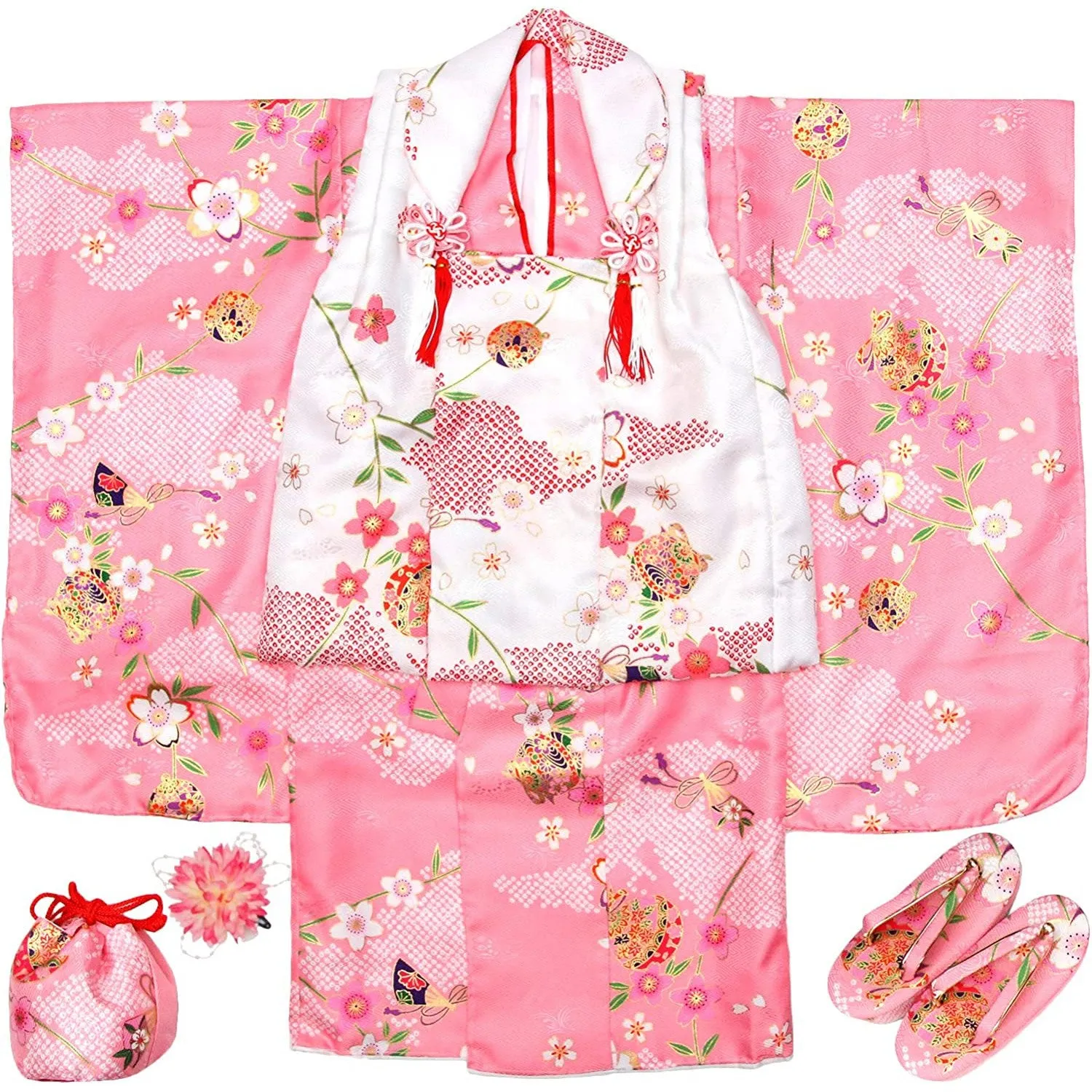 Full Kimono Set for 3 Years Old Pink Sakura Shichigosan/New Years Ceremony