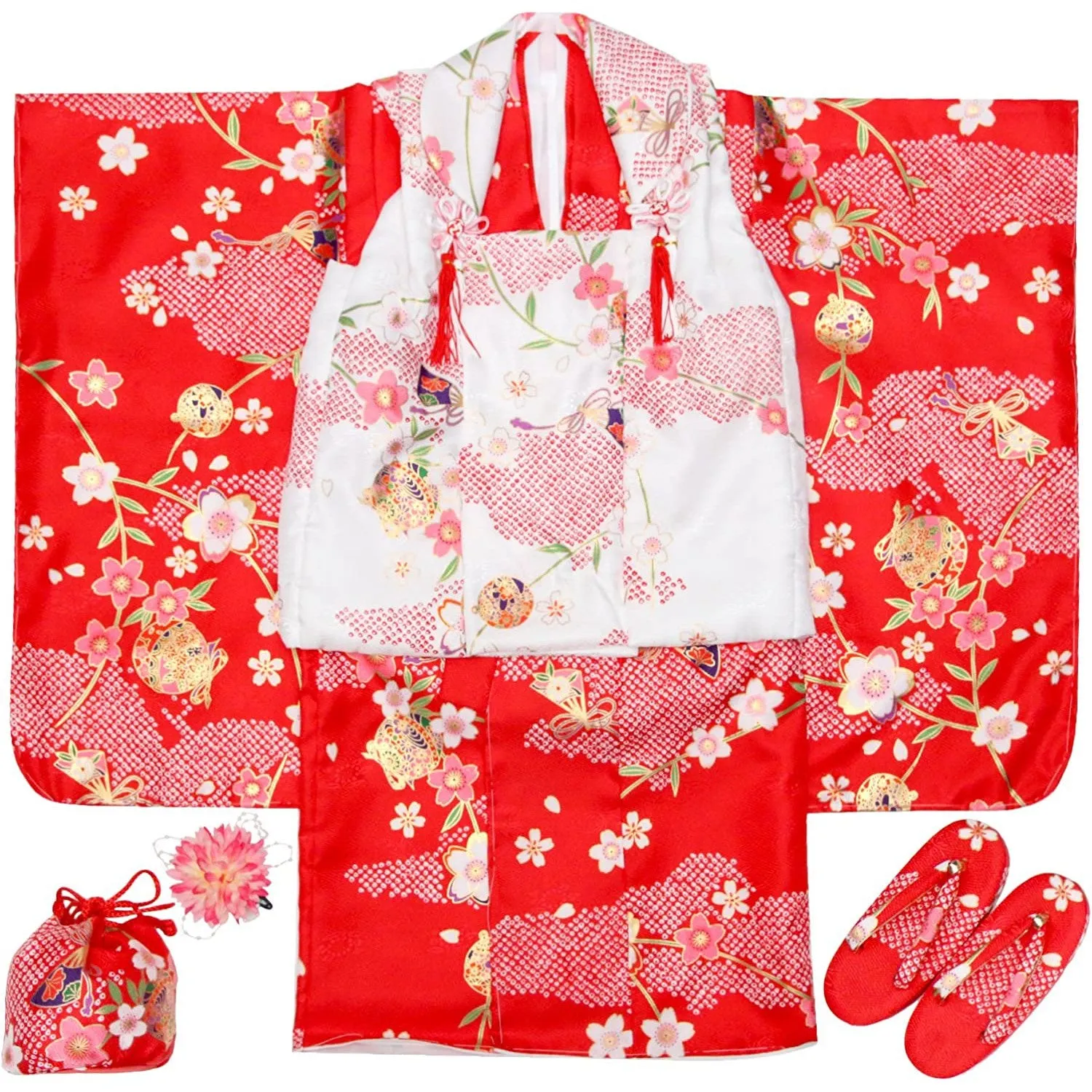 Full Kimono Set for 3 Years Old  Red & White Sakura Shichigosan/New Years Ceremony