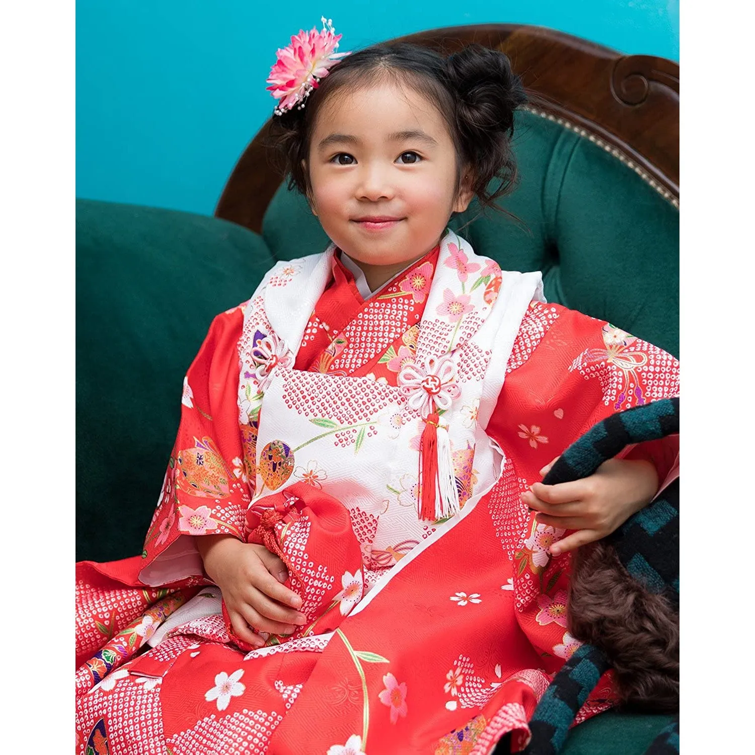 Full Kimono Set for 3 Years Old  Red & White Sakura Shichigosan/New Years Ceremony