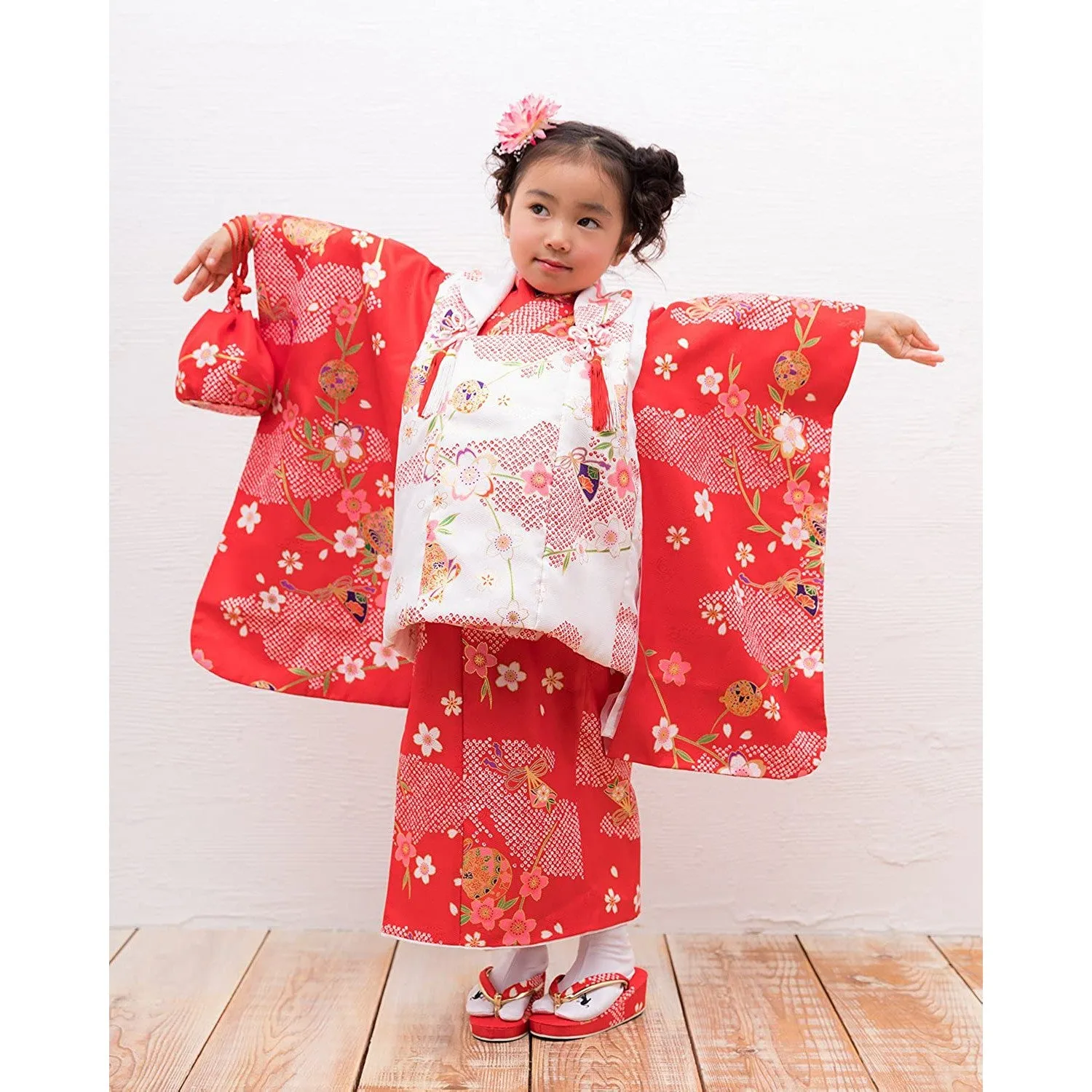 Full Kimono Set for 3 Years Old  Red & White Sakura Shichigosan/New Years Ceremony