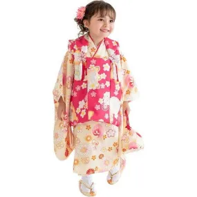 Full Kimono Set for 3 Years Old Yellow & Pink Shichigosan/New Years Ceremony