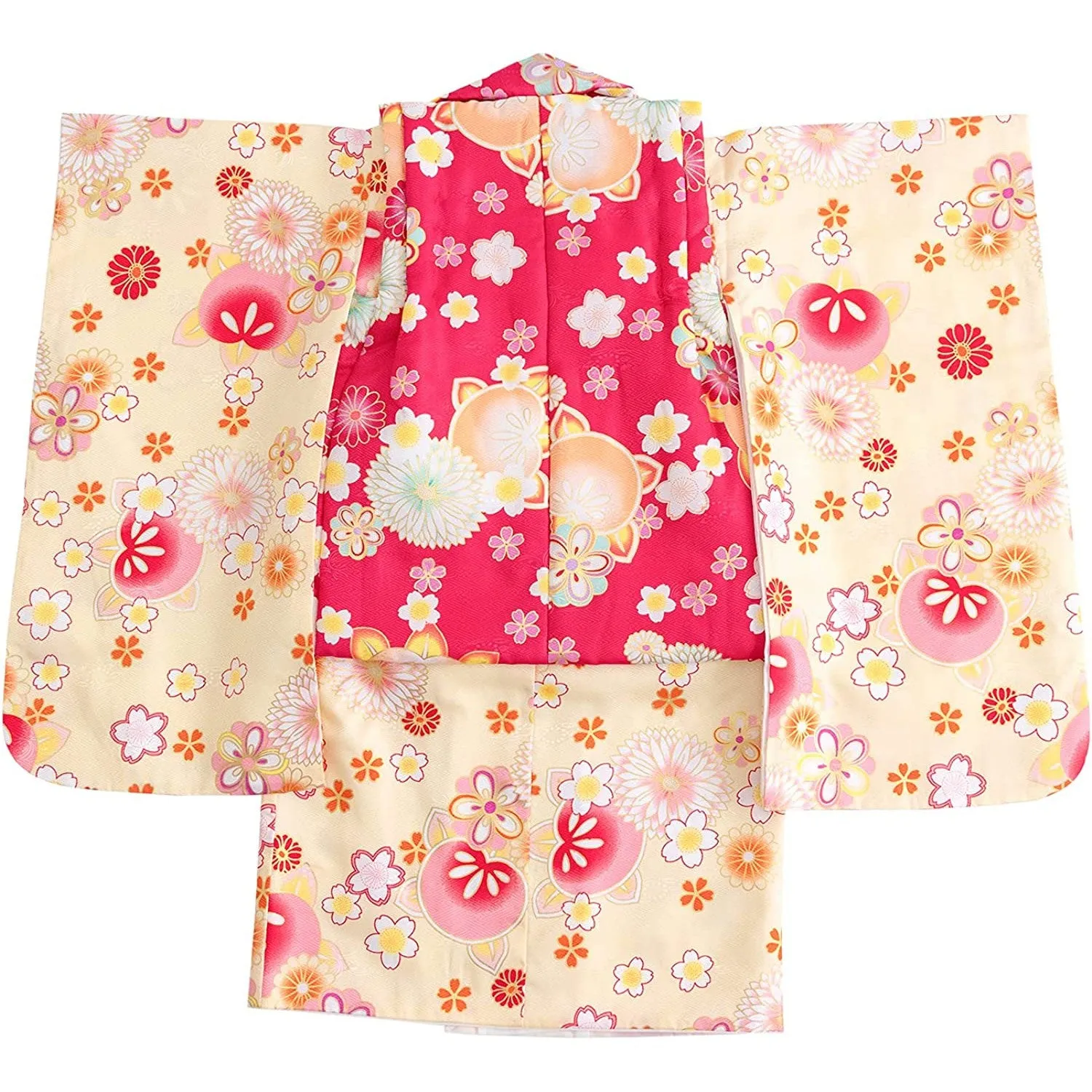 Full Kimono Set for 3 Years Old Yellow & Pink Shichigosan/New Years Ceremony