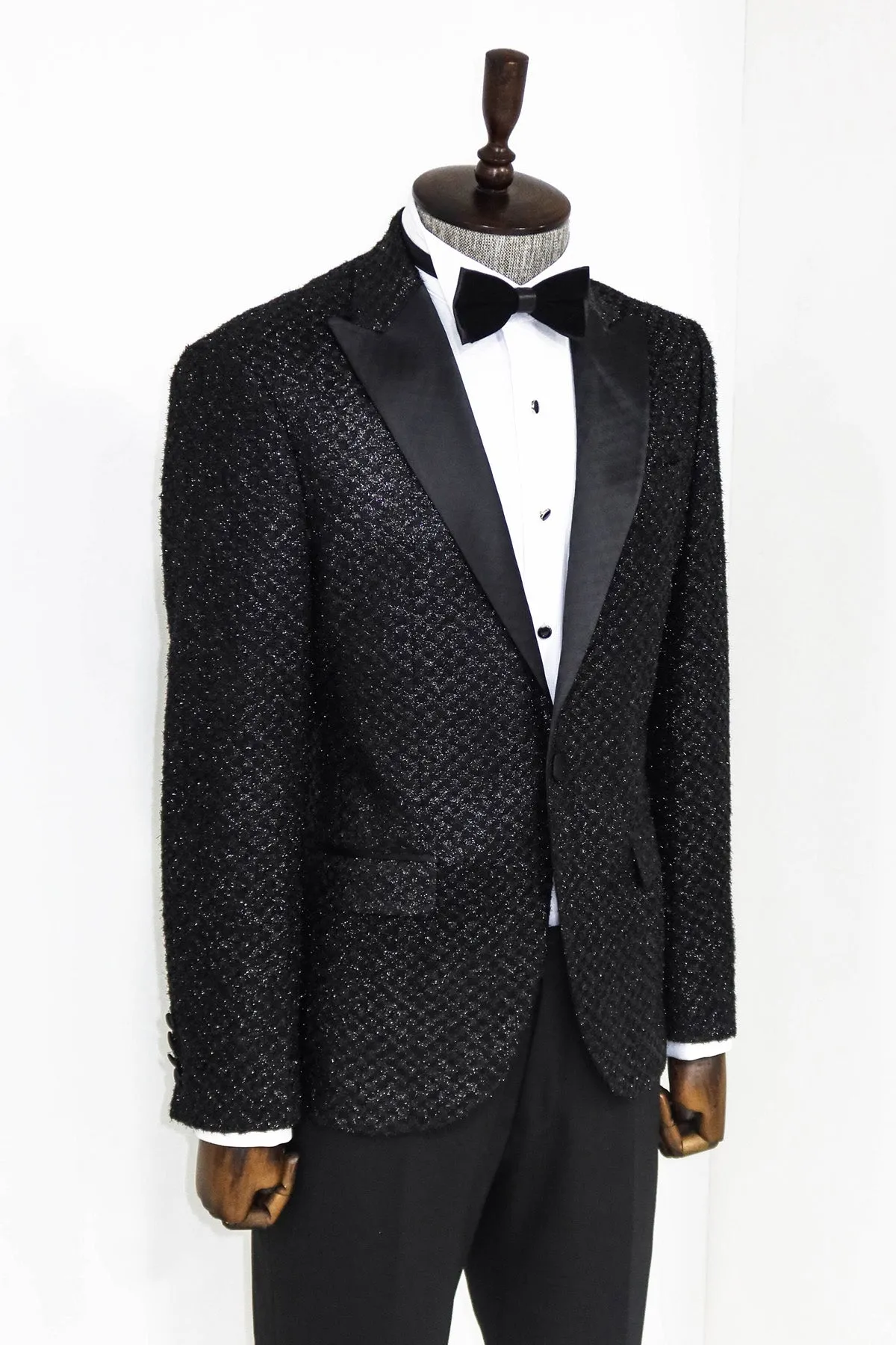 Gingham Patterned Glitter Black Men Party Blazer - Wessi