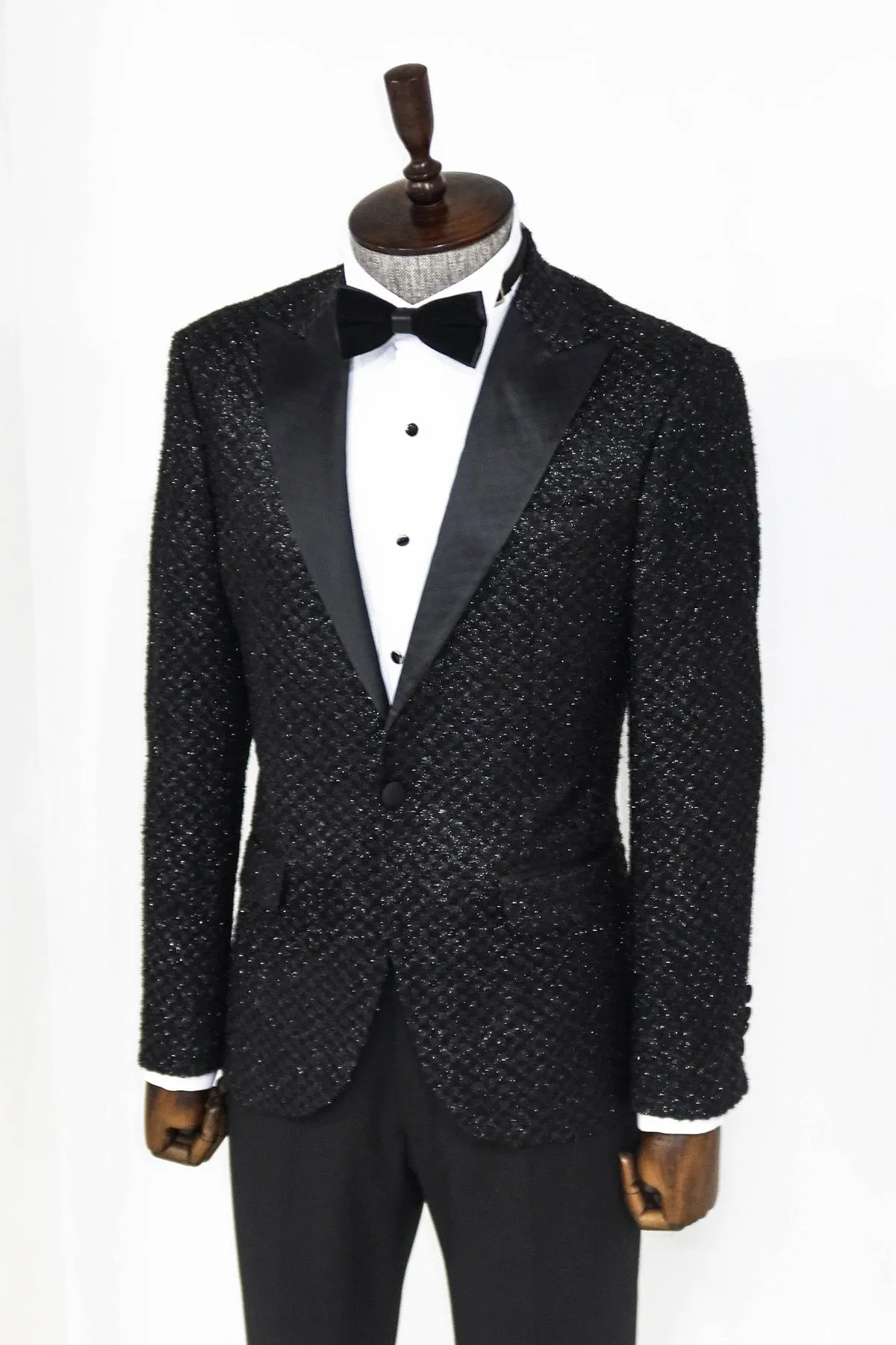 Gingham Patterned Glitter Black Men Party Blazer - Wessi