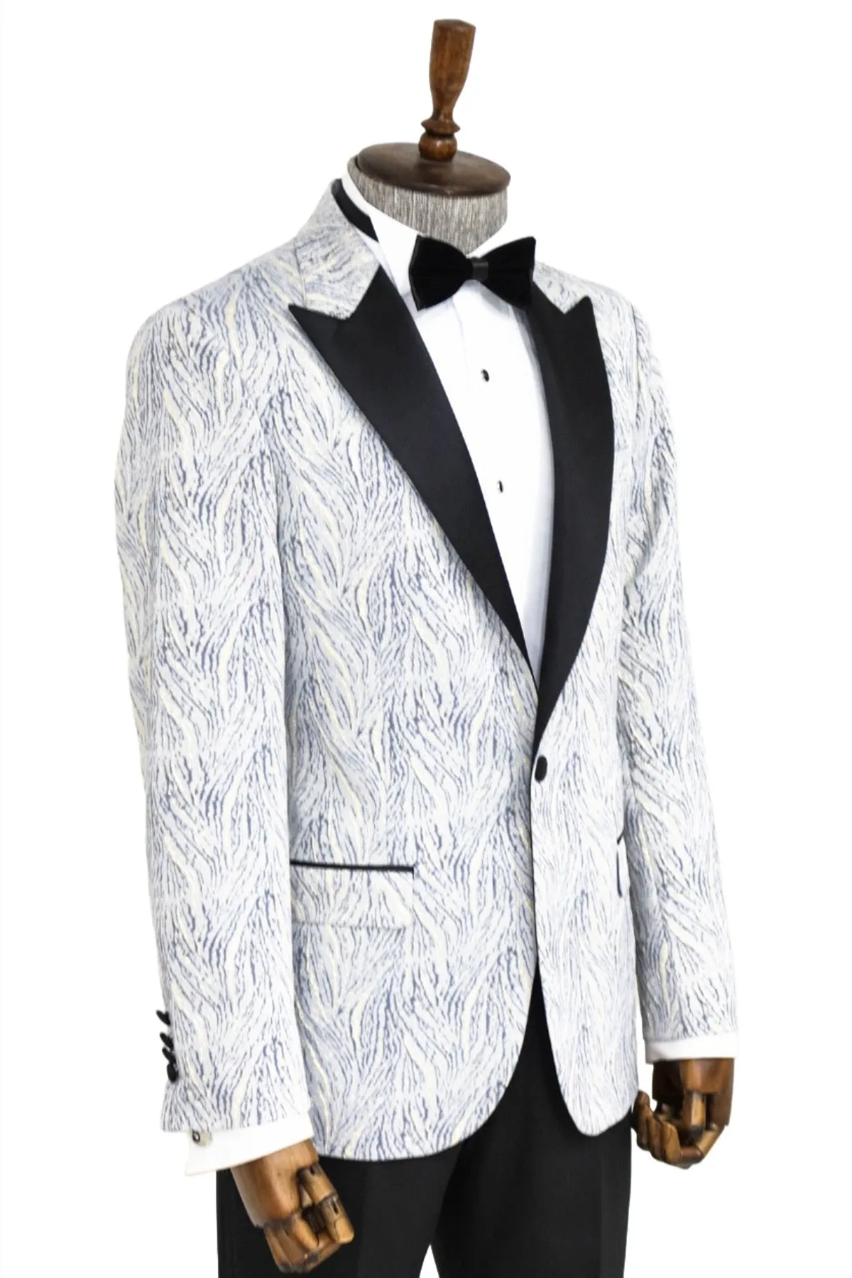 Glittery Patterned Light Blue Men Tuxedo Blazer - Wessi