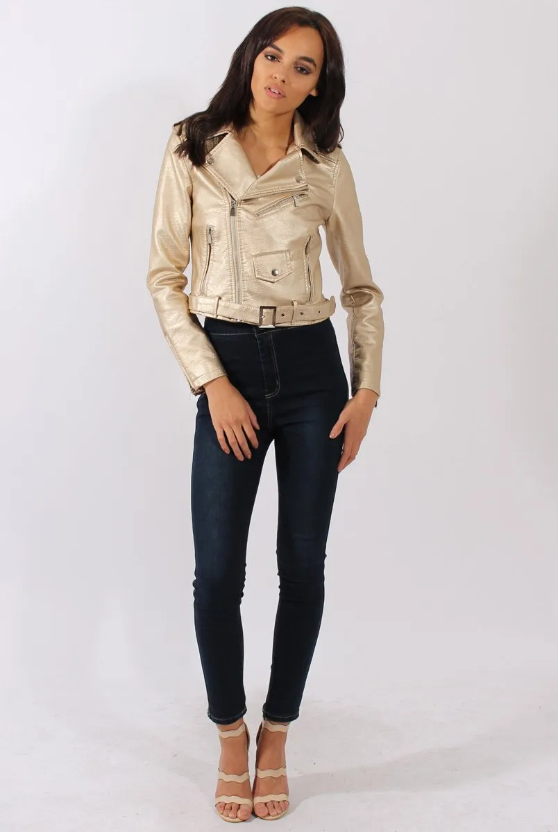 Gold Metallic Cropped Biker Jacket - Bianca