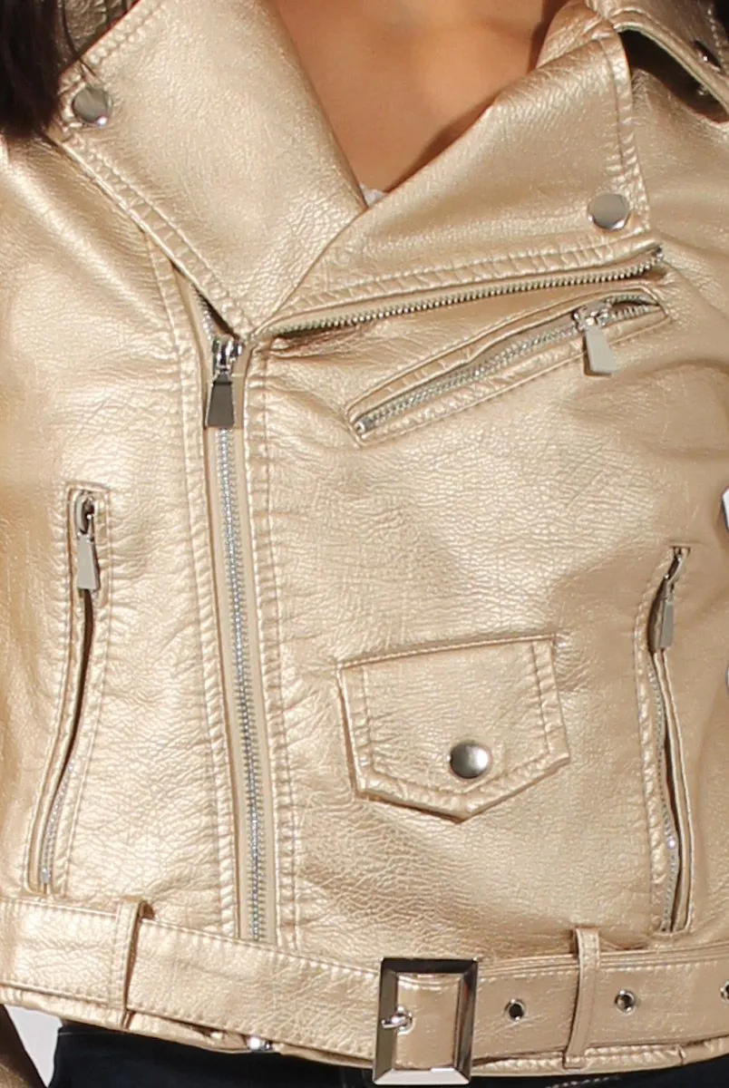 Gold Metallic Cropped Biker Jacket - Bianca