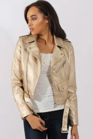 Gold Metallic Cropped Biker Jacket - Bianca