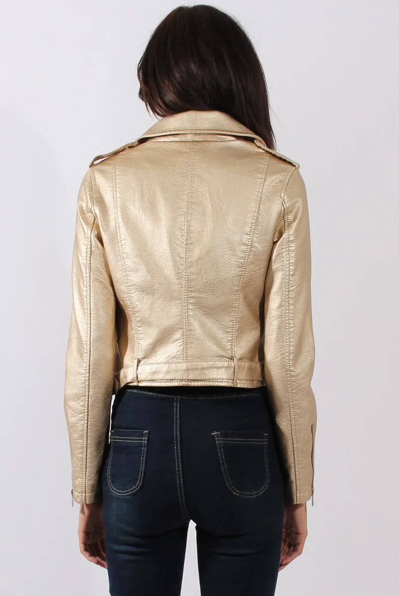 Gold Metallic Cropped Biker Jacket - Bianca