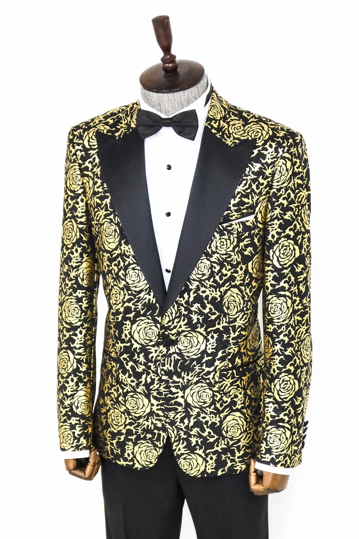 Gold Rose Patterned Slim Fit Black Men Singer Tuxedo Blazer - Wessi