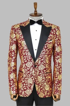 Gold Rose Patterned Slim Fit Burgundy Men Shinny  Blazer - Wessi