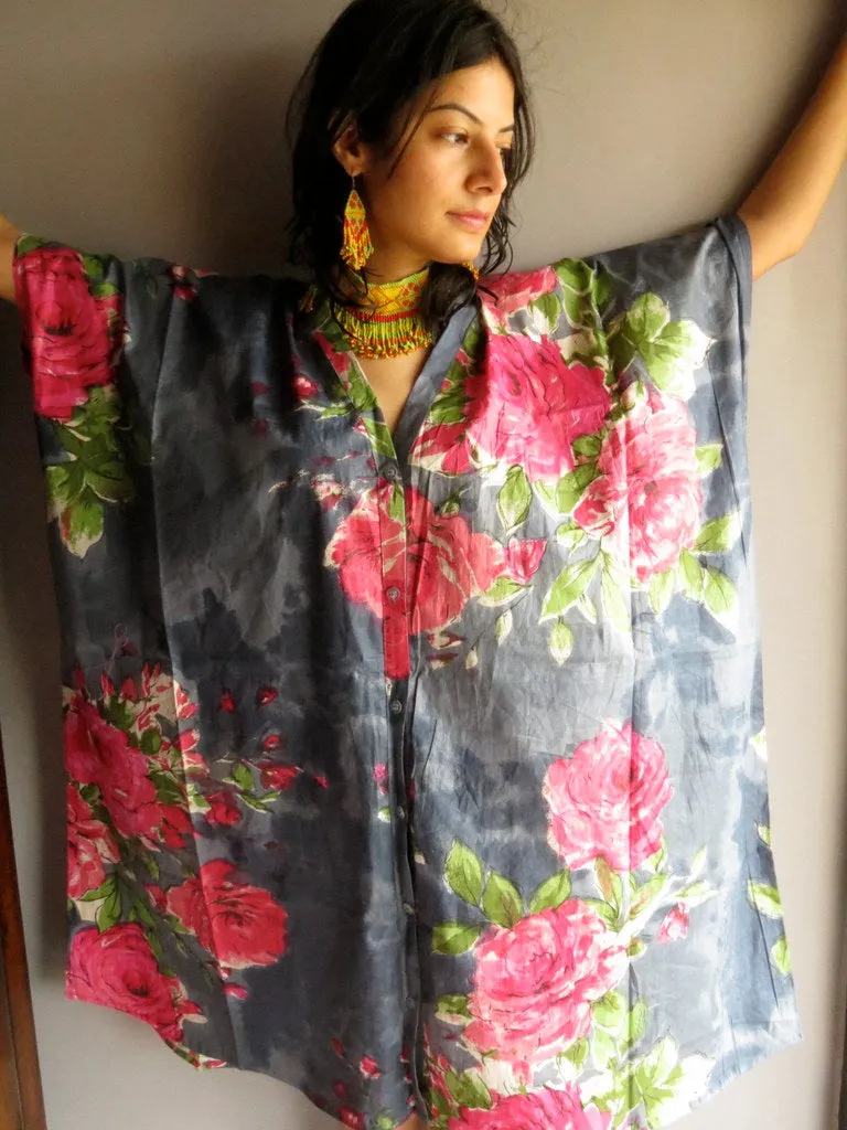 Gray Fuchsia Flowers V-Neck Full Button Down, Knee Length, Belted Caftan-E5 fabric Code