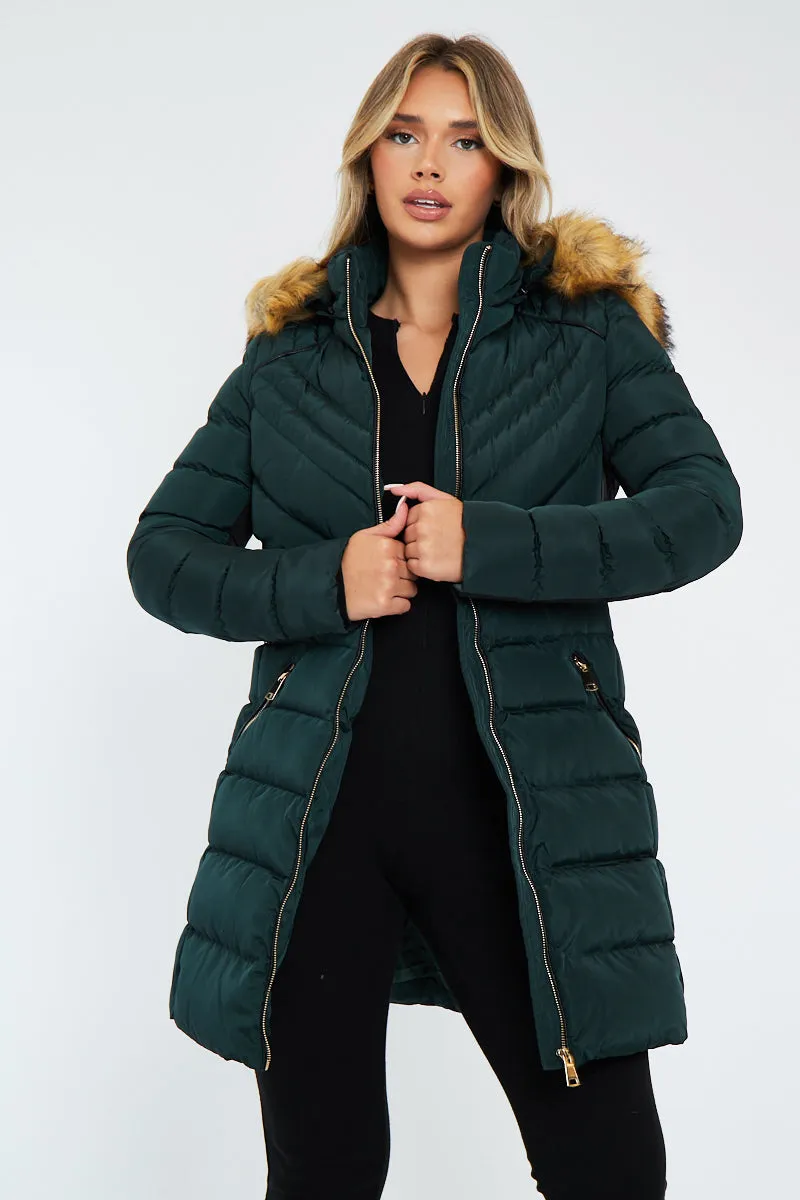 Green Fur Hood Contrast Panel Puffer Coat - Chelsie