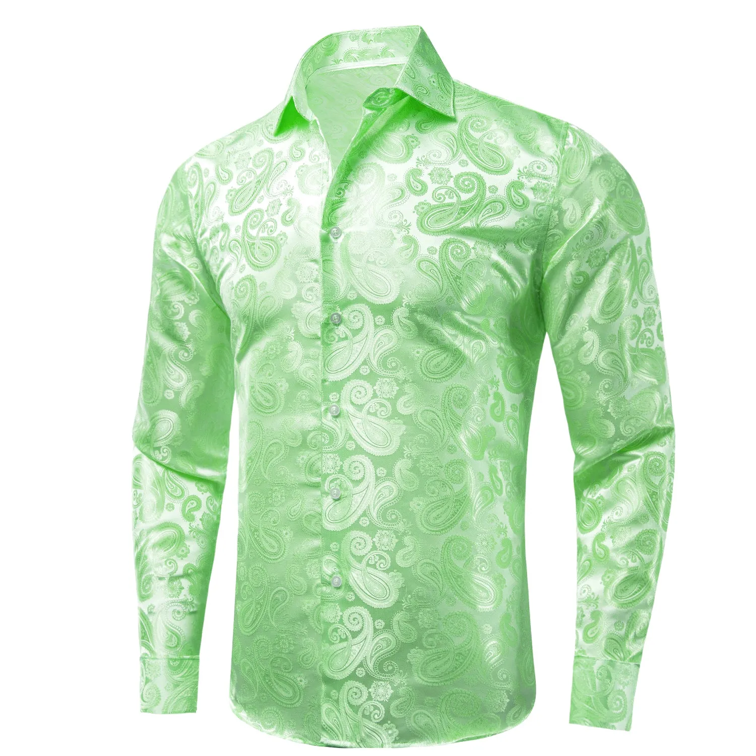 Hi-Tie Apple Green Paisley Silk Men's Long Sleeve Dress Shirt Casual