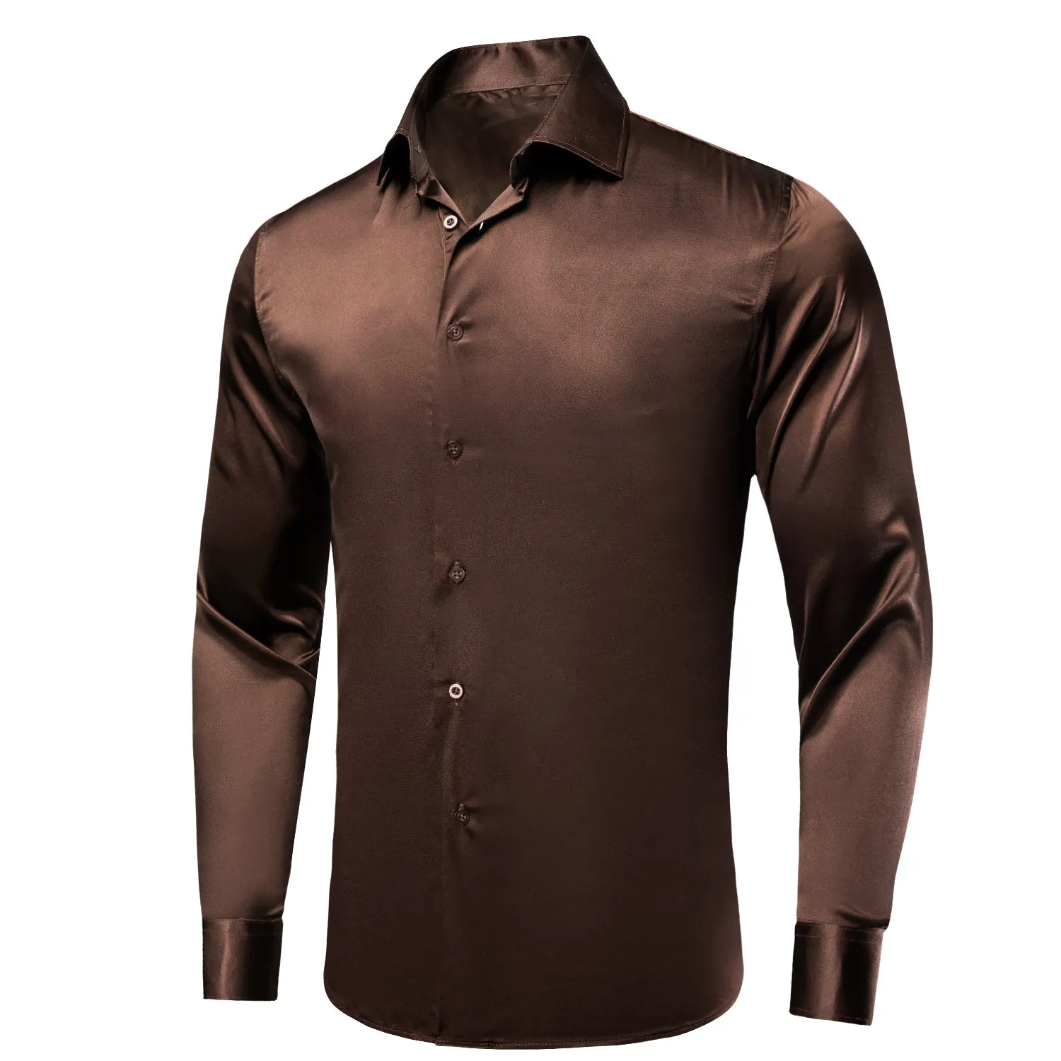 Hi-Tie Brown Dress Shirt Solid Satin Men's Long Sleeve Dress Shirt