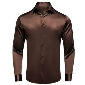 Hi-Tie Brown Dress Shirt Solid Satin Men's Long Sleeve Dress Shirt