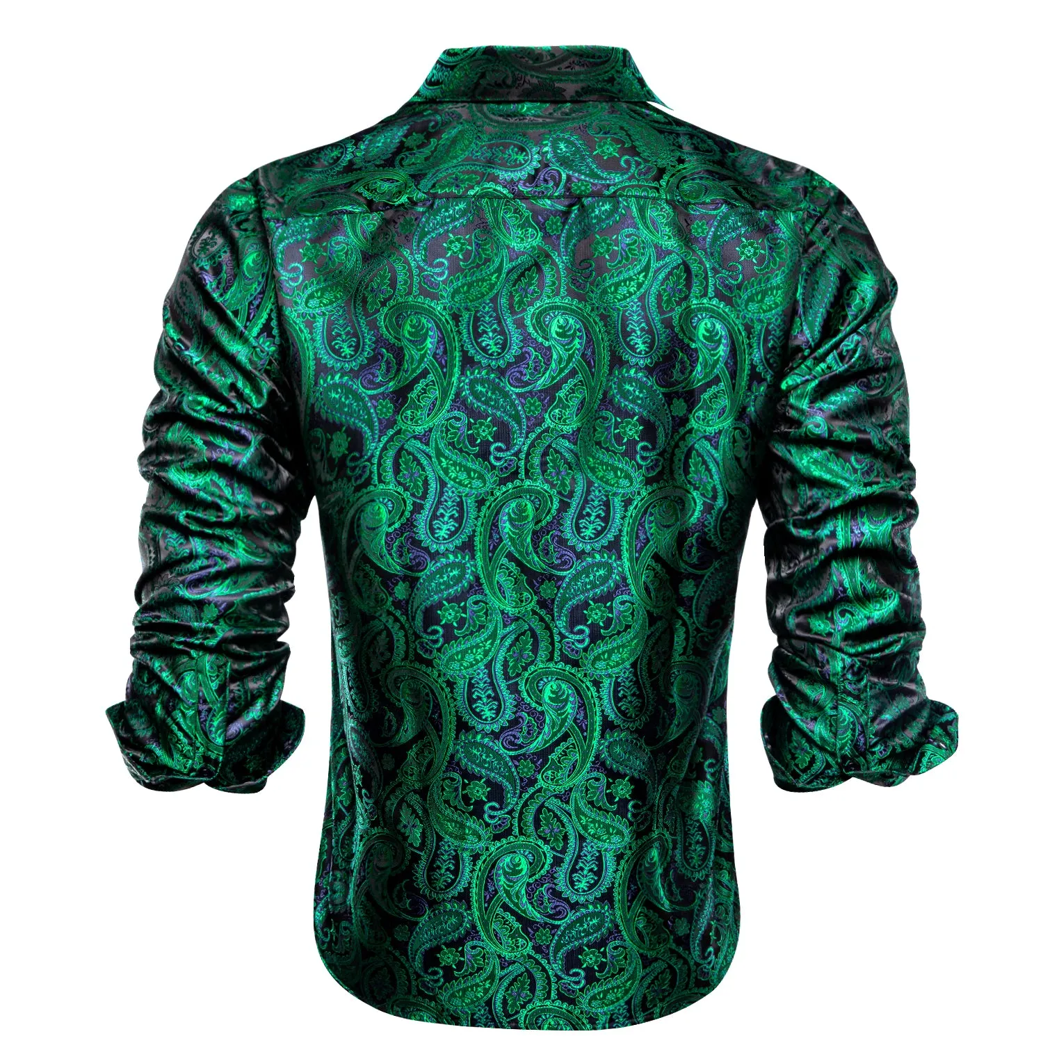 Hi-Tie Dark Green Shirt Blue Paisley Silk Top Men's Long Sleeve Shirt