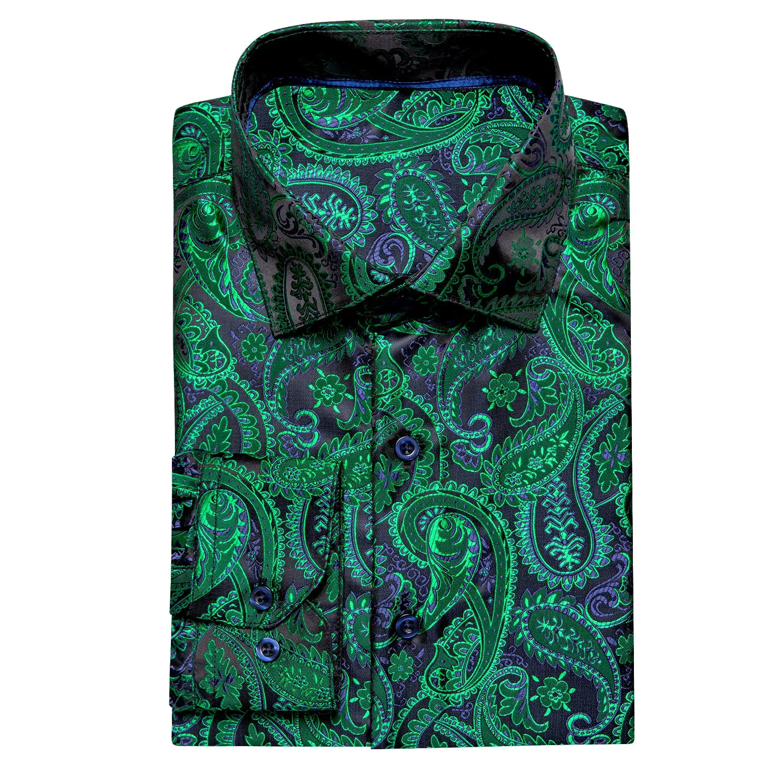 Hi-Tie Dark Green Shirt Blue Paisley Silk Top Men's Long Sleeve Shirt