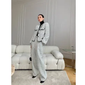 High end luxury thick quilted lock edge contrast short coat high waist wide leg pants suit -Oliiet