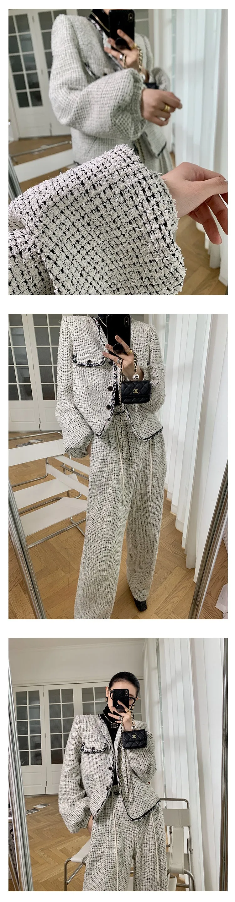 High end luxury thick quilted lock edge contrast short coat high waist wide leg pants suit -Oliiet