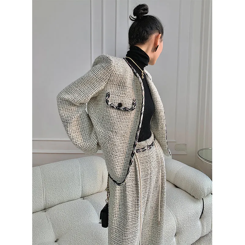 High end luxury thick quilted lock edge contrast short coat high waist wide leg pants suit -Oliiet