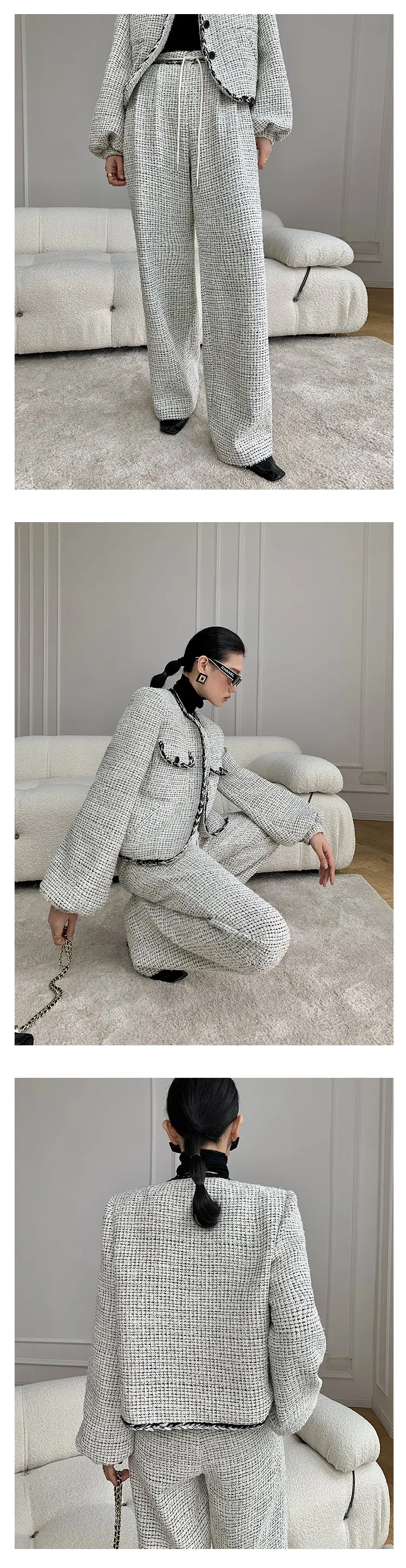 High end luxury thick quilted lock edge contrast short coat high waist wide leg pants suit -Oliiet