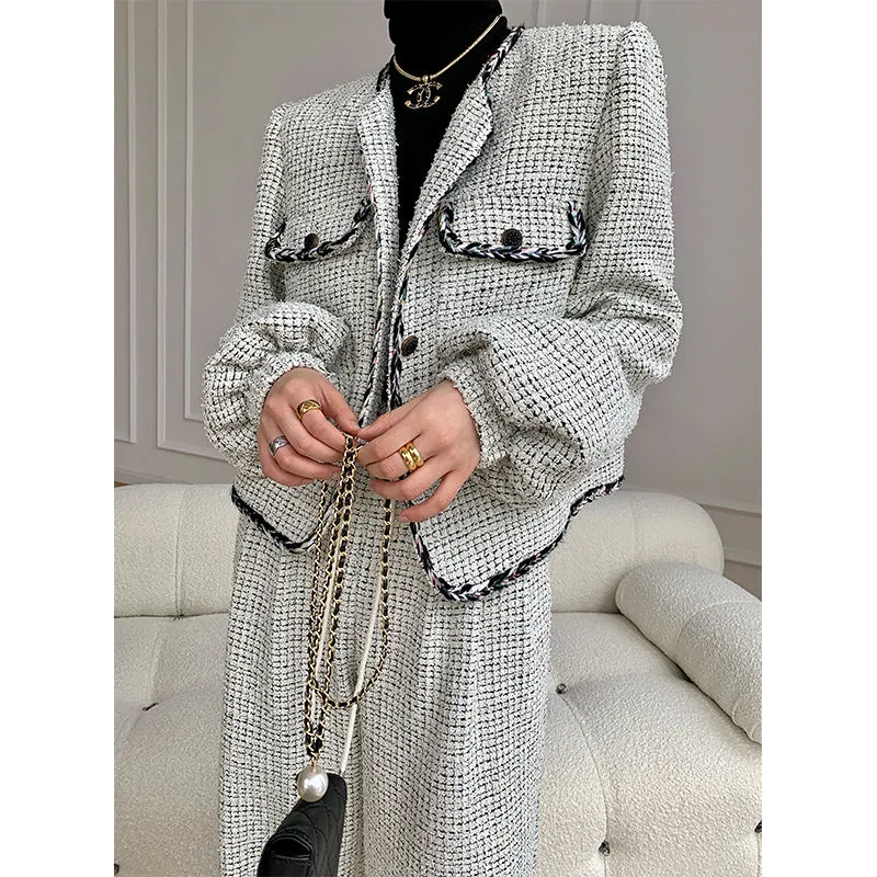 High end luxury thick quilted lock edge contrast short coat high waist wide leg pants suit -Oliiet