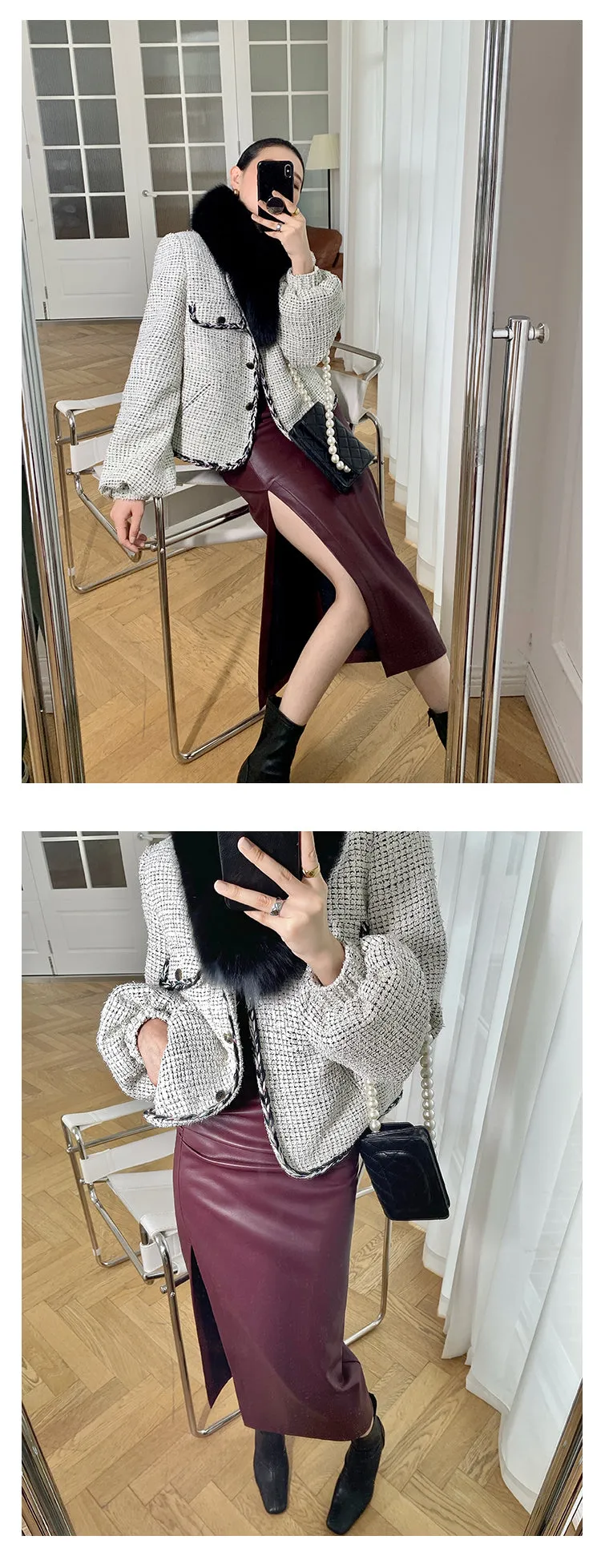 High end luxury thick quilted lock edge contrast short coat high waist wide leg pants suit -Oliiet