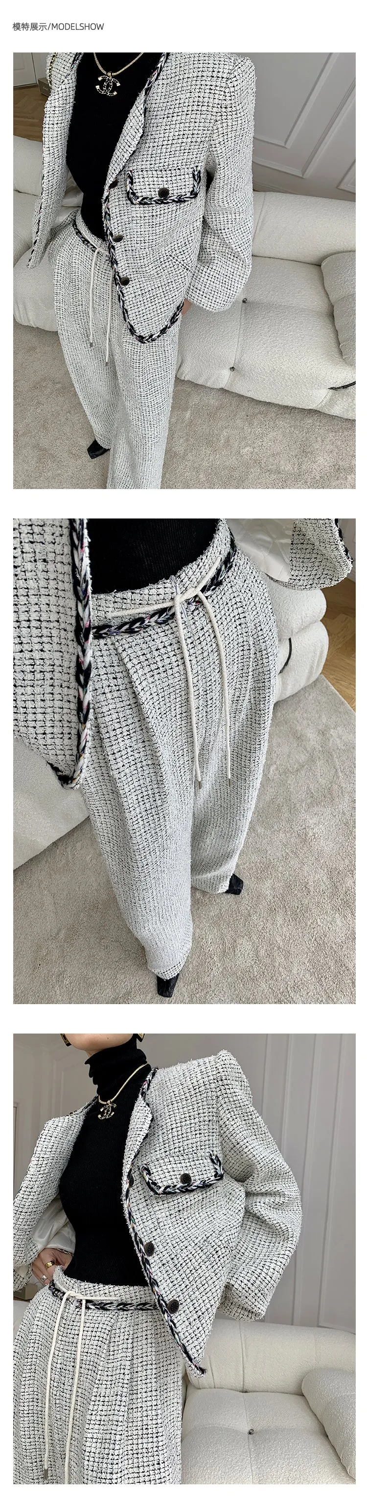 High end luxury thick quilted lock edge contrast short coat high waist wide leg pants suit -Oliiet