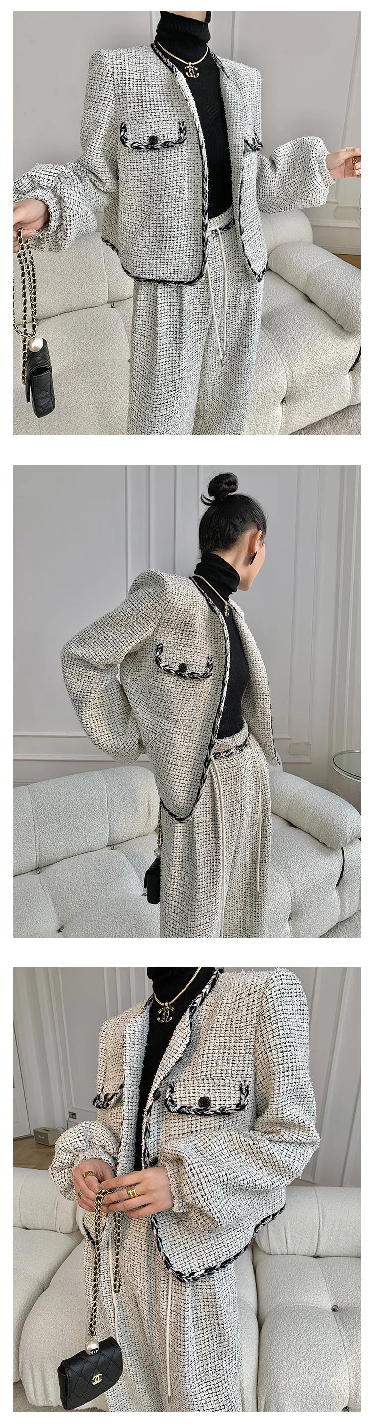 High end luxury thick quilted lock edge contrast short coat high waist wide leg pants suit -Oliiet