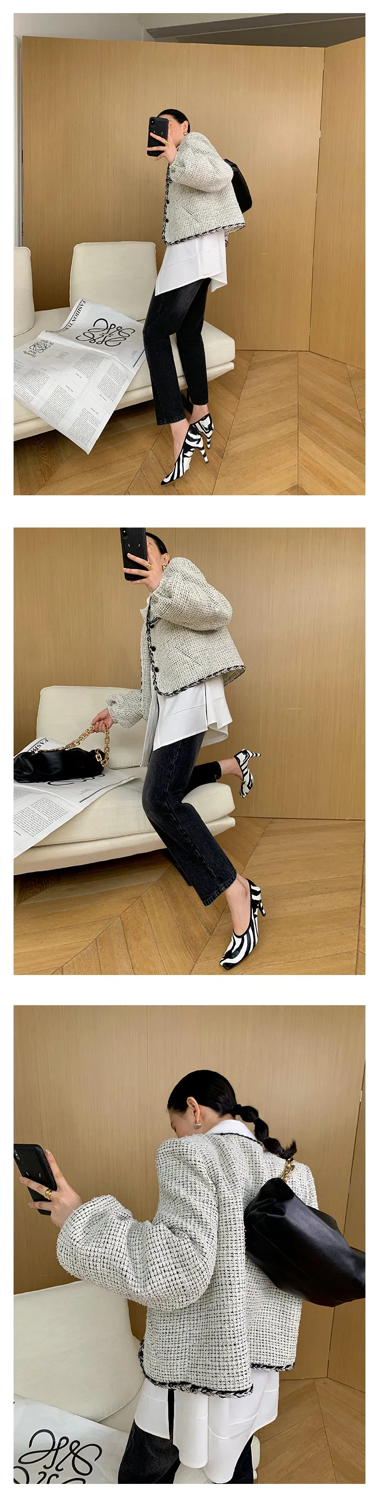 High end luxury thick quilted lock edge contrast short coat high waist wide leg pants suit -Oliiet