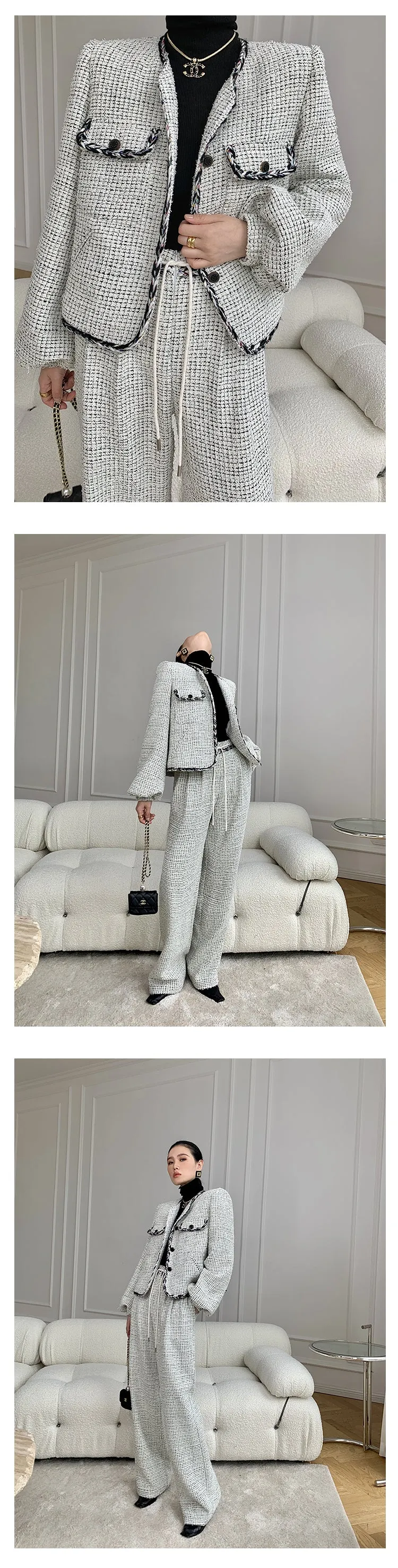 High end luxury thick quilted lock edge contrast short coat high waist wide leg pants suit -Oliiet