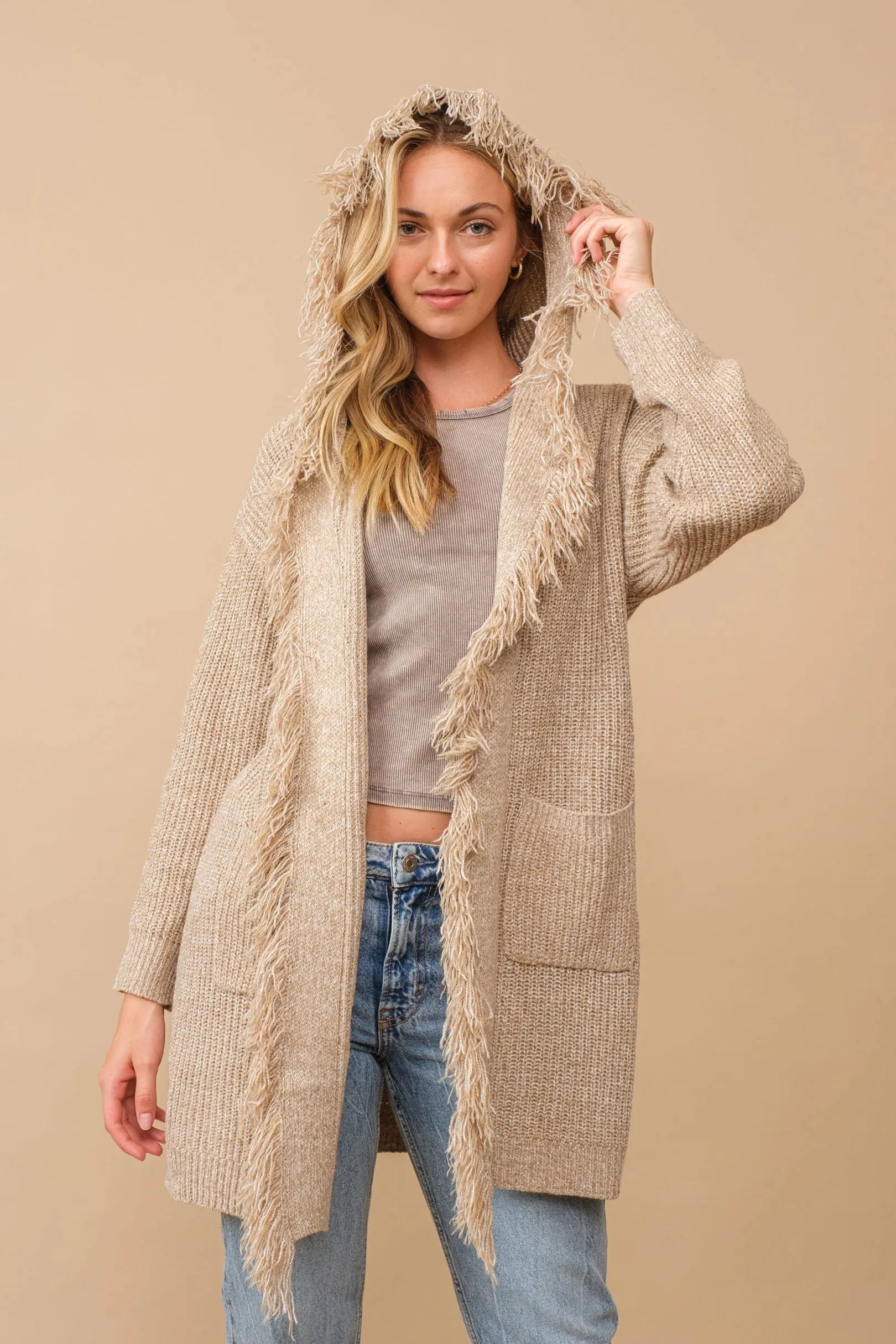 Hooded fringe knit open cardigan