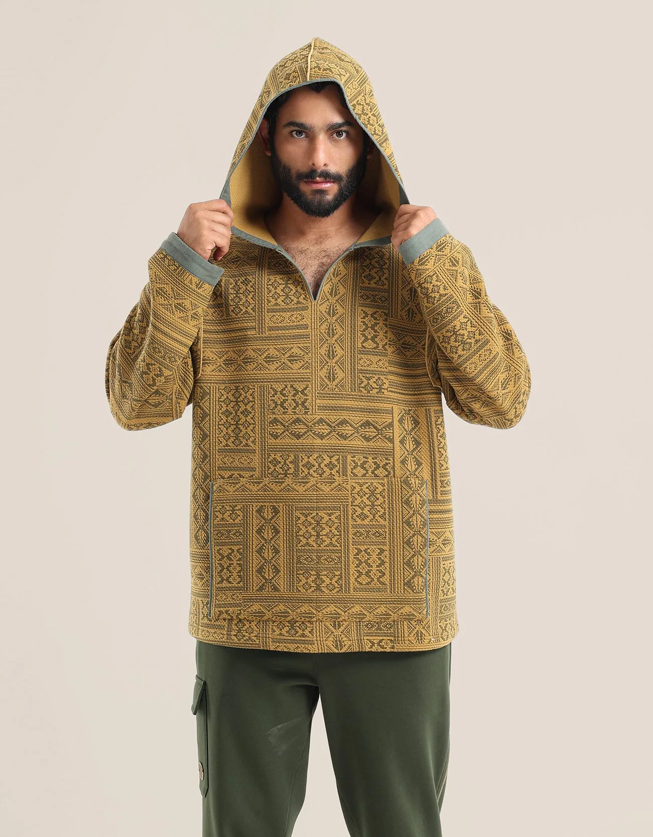 Hooded sweater in printed quilted cotton blend