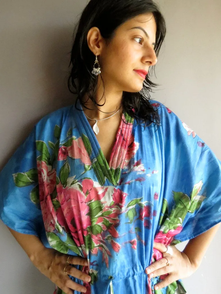 Indigo Blue Fuchsia Large Floral Blossom V-Neck, Ankle Length, Cinched Waist Caftan