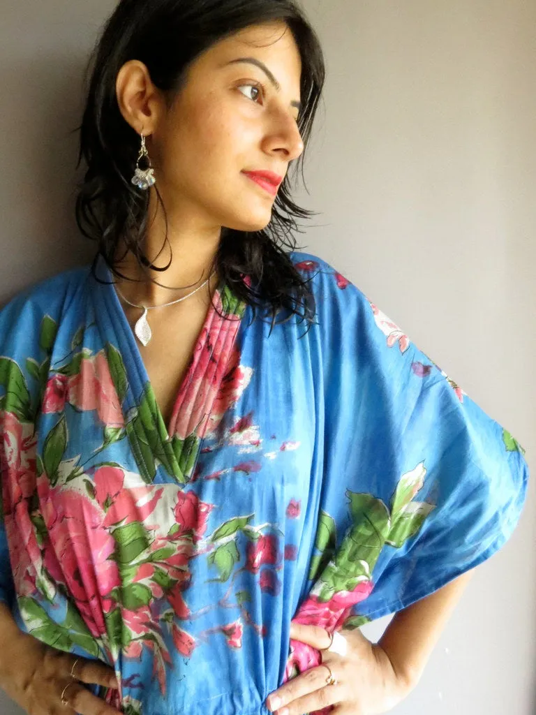 Indigo Blue Fuchsia Large Floral Blossom V-Neck, Ankle Length, Cinched Waist Caftan