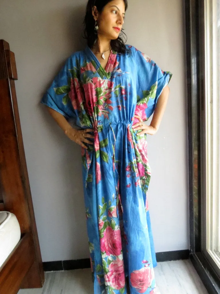 Indigo Blue Fuchsia Large Floral Blossom V-Neck, Ankle Length, Cinched Waist Caftan