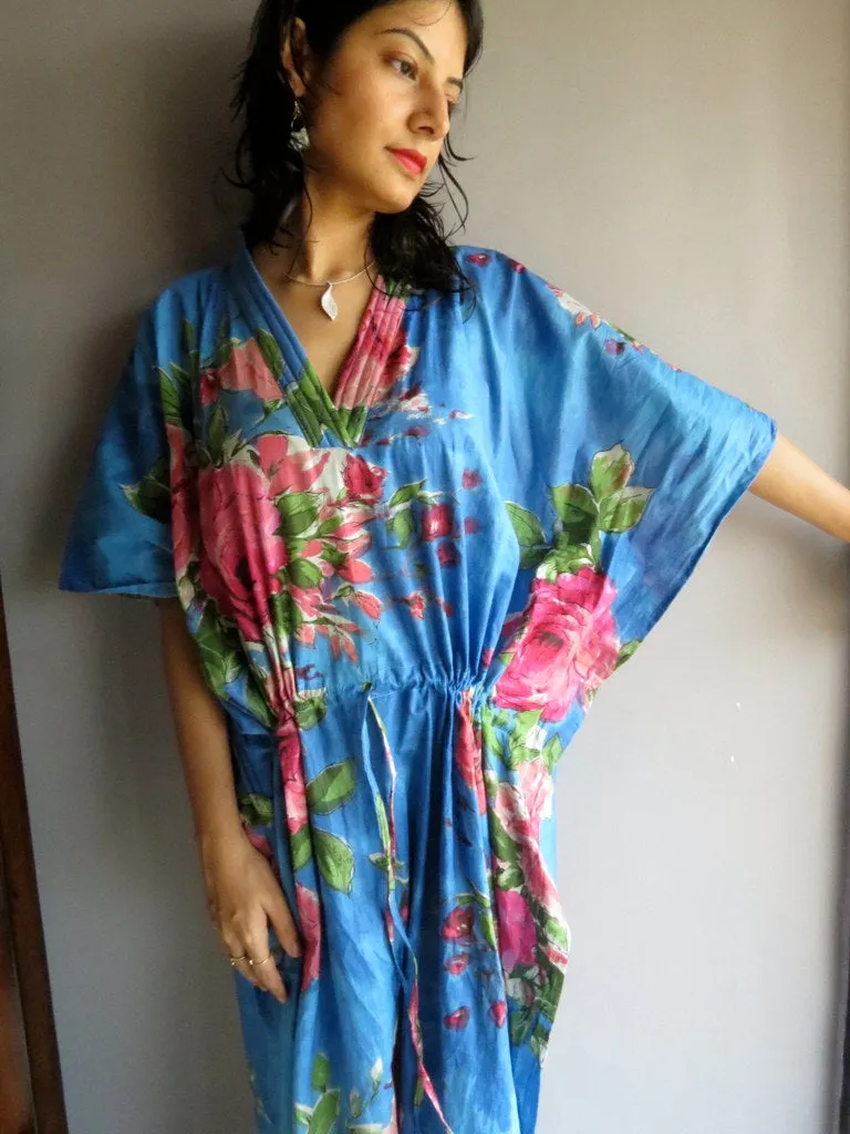 Indigo Blue Fuchsia Large Floral Blossom V-Neck, Ankle Length, Cinched Waist Caftan